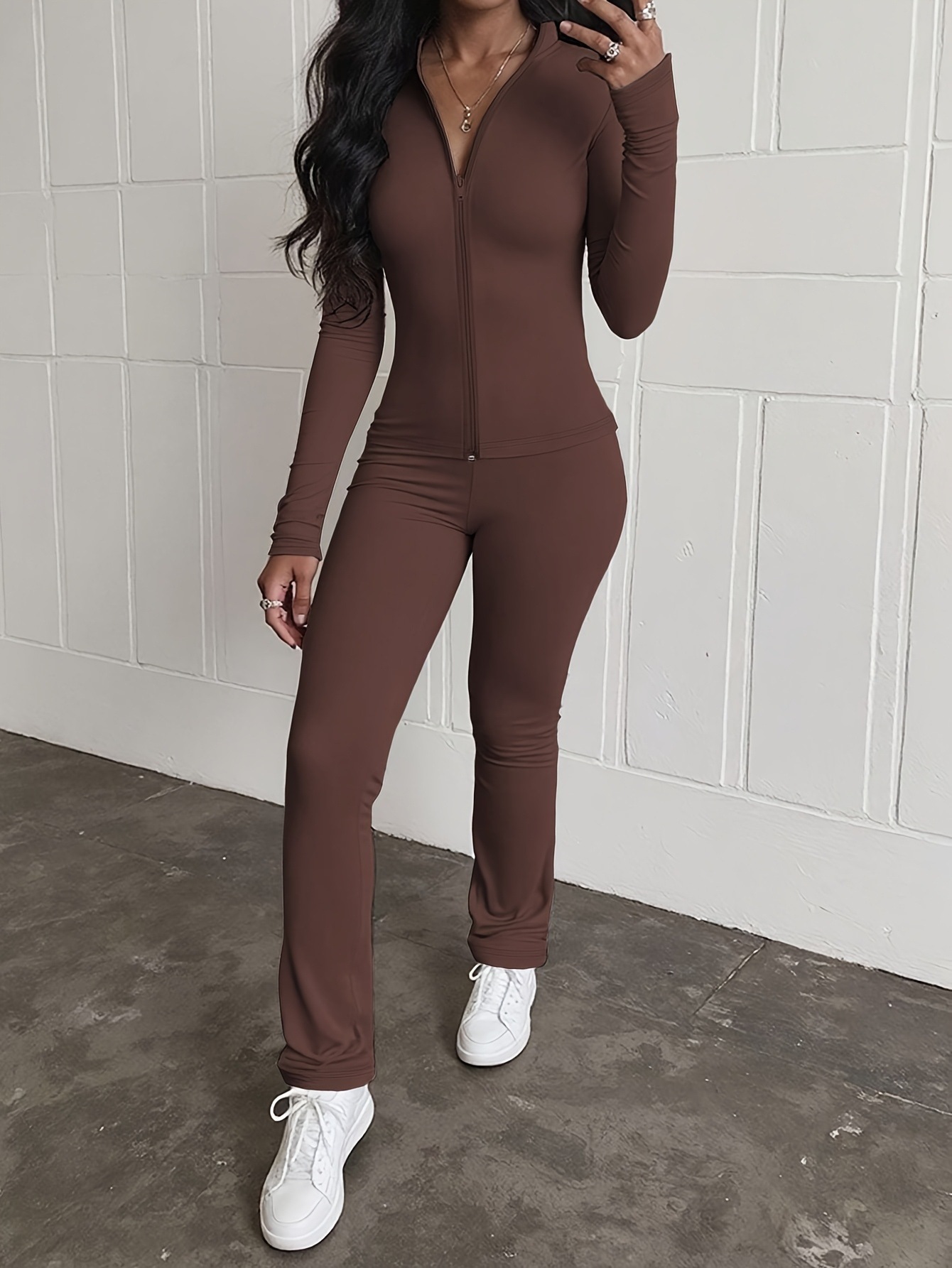 Womens Casual Slim-fit Zip-up Jacket And Trousers Two-piece Set 7