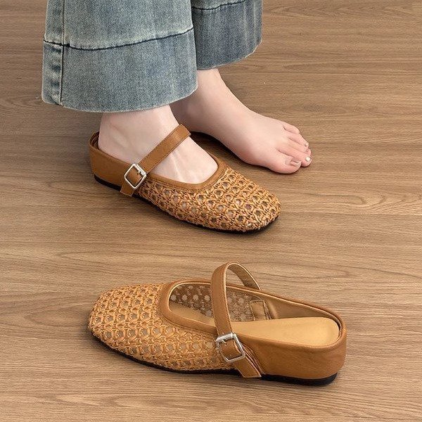French-style Hidden-heel Hollowed-out Closed-toe Half-slipper For Women