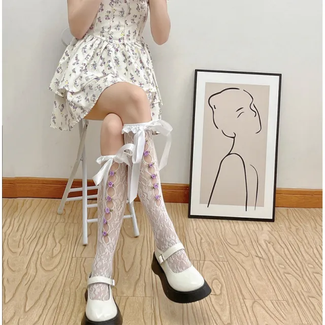 Sweet Girl's Milky White Hollow Lace Satin Ribbon Thigh High Socks White And Purple Flowers - Shop at LoveMi