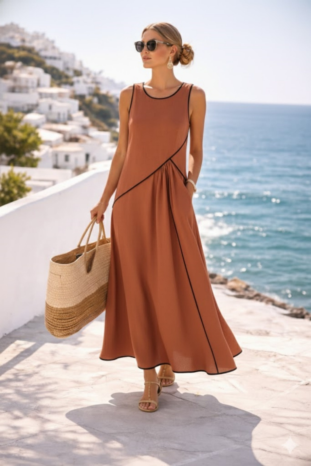 Mediterranean Contrast Color Vacation Dress in Orange Red – bold statement vacation look
