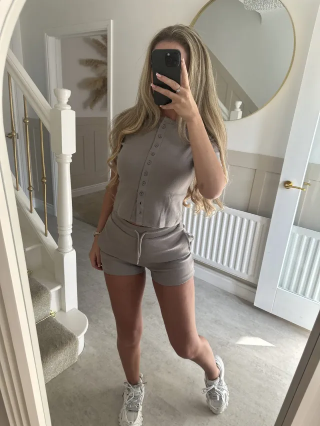 Button front Cardigan Short sleeve Top And Tie waist Shorts Two piece Set Gray - Shop at LoveMi