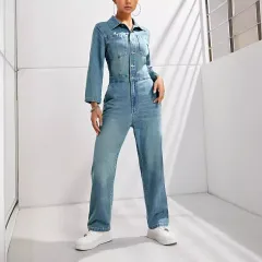 Women's Slim-fit Long-sleeved Denim Jumpsuit - Blue - View 1