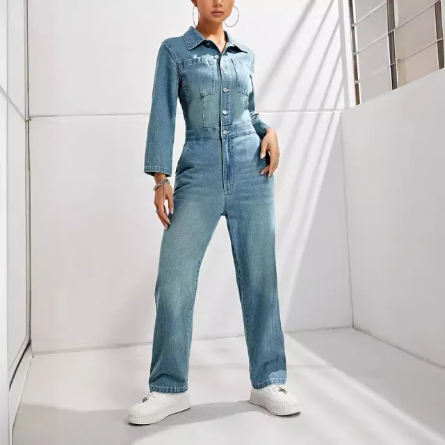 Women's Slim fit Long sleeved Denim Jumpsuit Blue - Shop at LoveMi