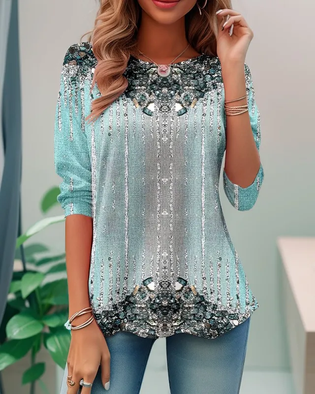 Printed Round Neck Pullover Long sleeved Shirt 3W 5Zfsp Xs - Shop at LoveMi