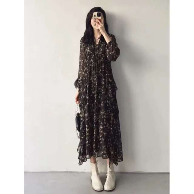 French style Chic Floral Waist cinching Dress Black - Shop at LoveMi