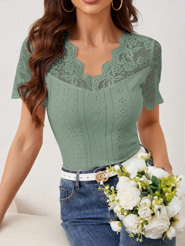 New Fan shaped Front And Back V neck Lace Stitching Slim Fit Slimming T shirt Short Sleeve Green - Shop at LoveMi