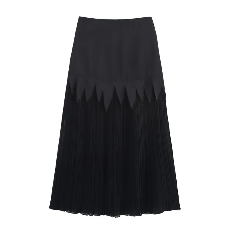 Acetate Satin Chiffon Slimming Patchwork Pleated Skirt - Black