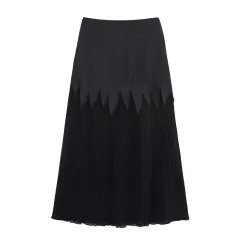 Acetate Satin Chiffon Slimming Patchwork Pleated Skirt - Black - View 1