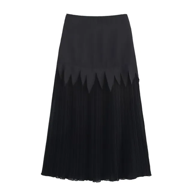 Acetate Satin Chiffon Slimming Patchwork Pleated Skirt Black - Shop at LoveMi