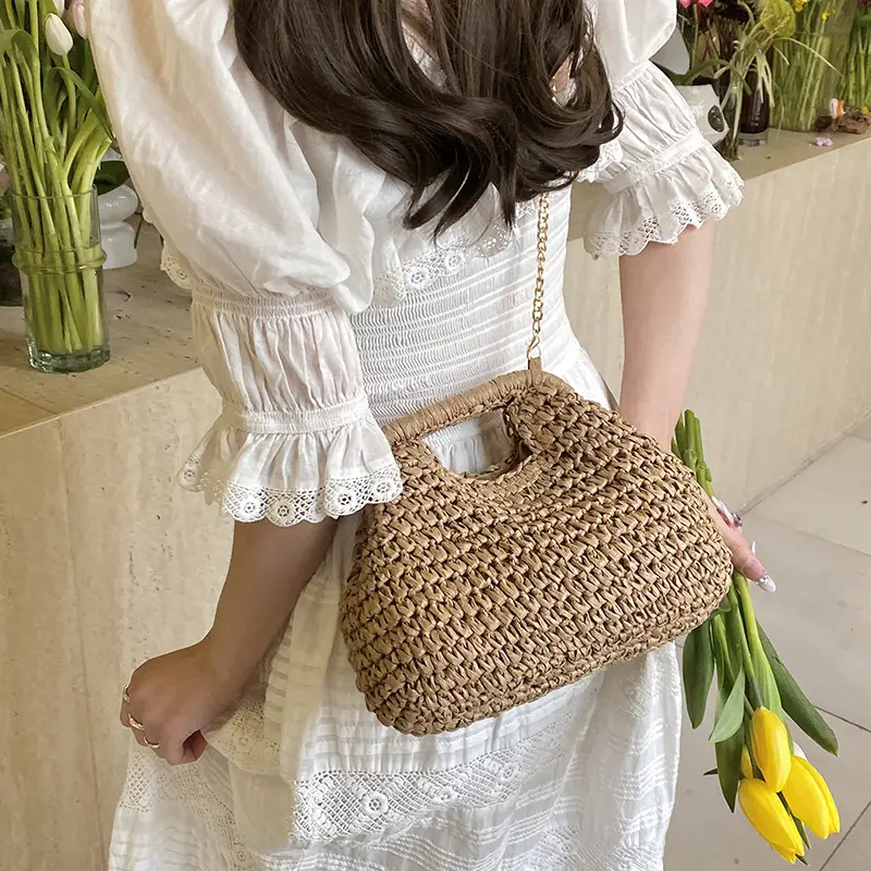 Straw Casual Korean Fashion Women's Woven Chain Small Bucket Bag