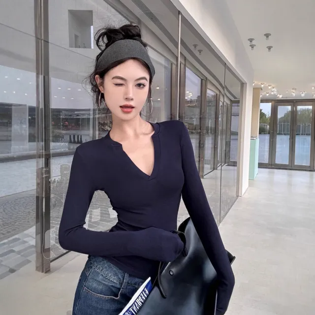 V neck Shoulder length Long sleeved T shirt Sexy Slim fitting Short Top Navy Blue - Shop at LoveMi