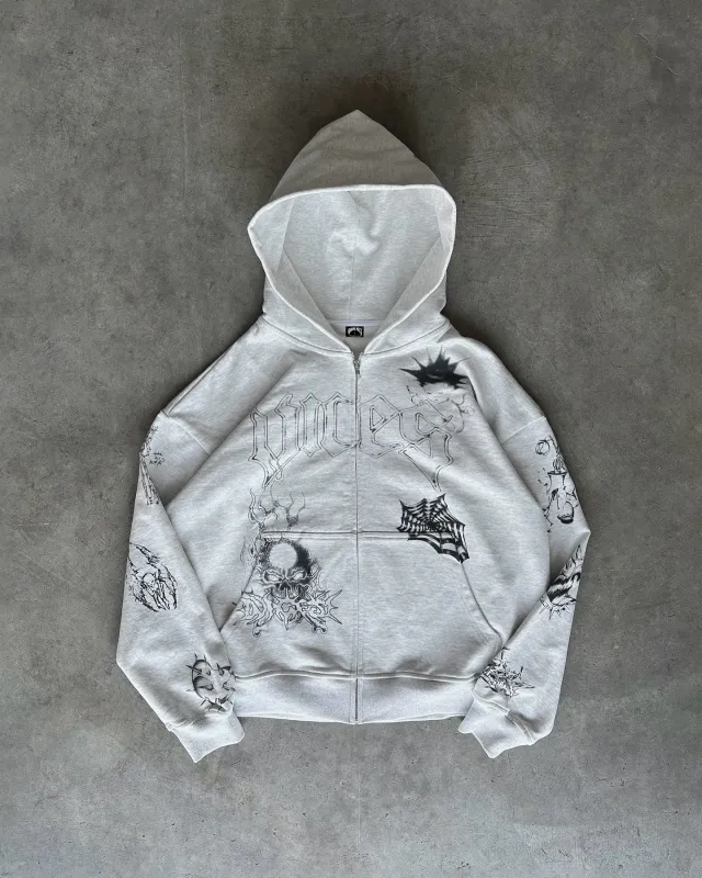 Printed Design Hoodie Loose Zip Sweater White - Shop at LoveMi