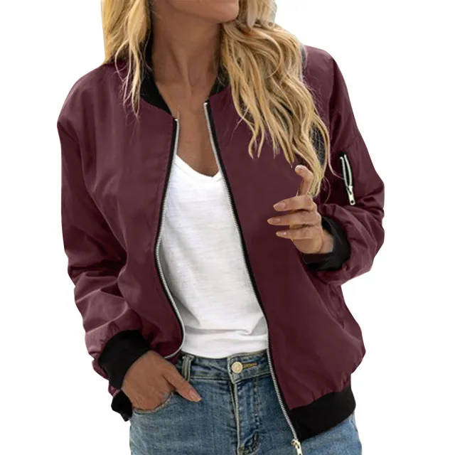 Women's Solid Color Cool Girl Baseball Jackets Round Neck Zipper Vintage Bomber Jacket Autumn Casual Female Bomber Jacket Chic Outerwear Wine Red - Shop at LoveMi
