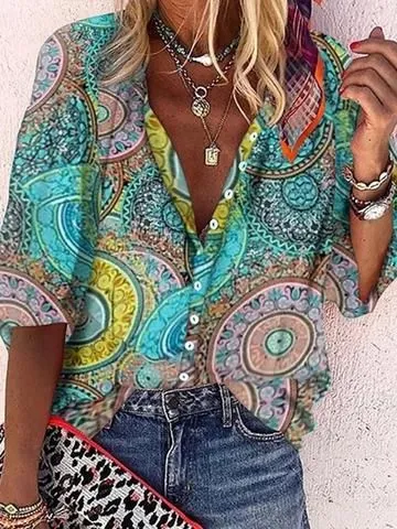 Bohemian Retro Geometric Print Colorful Spring And Autumn Women's Stand Collar Loose Shirt Style451 - Shop at LoveMi