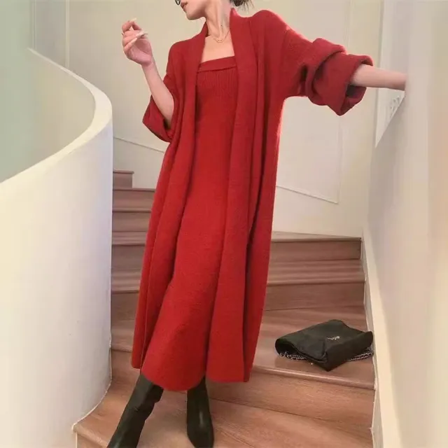 Women's Knitted Cardigan Dress Sweater Suit Wine - Shop at LoveMi