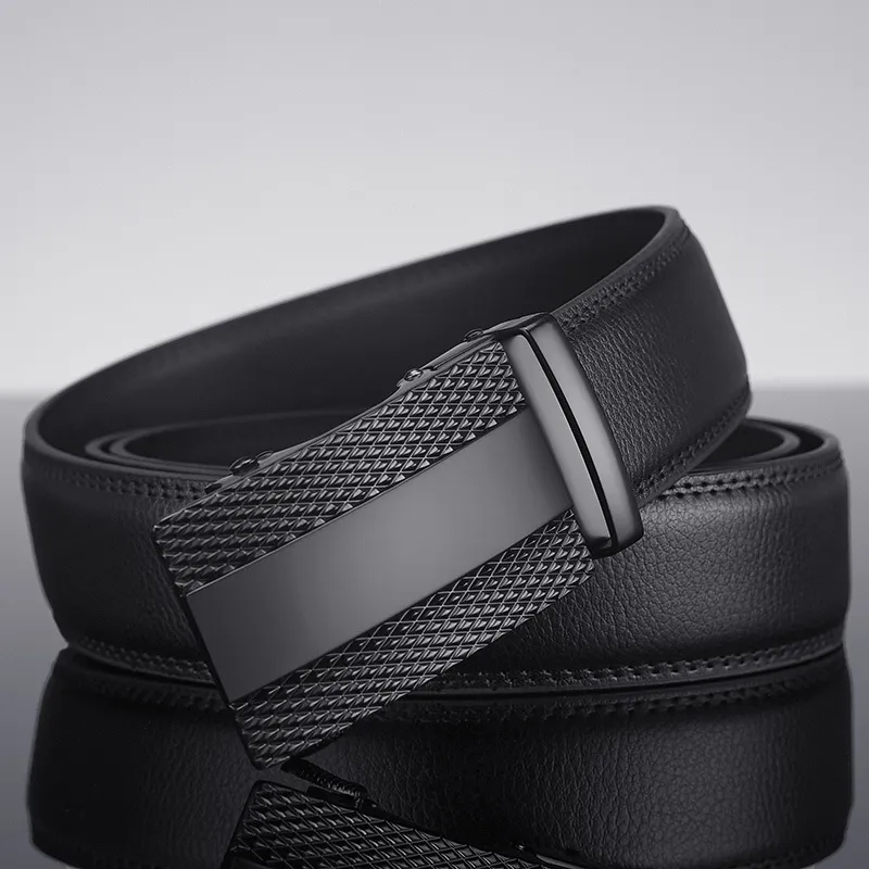New Two-layer Cowhide Automatic Buckle Belt Men's Business Private Imprint Black Belt - Black