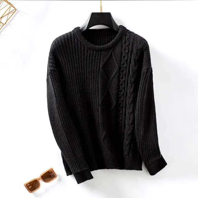Loose Pullover Retro Solid Color Sweater For Women Black - Shop at LoveMi