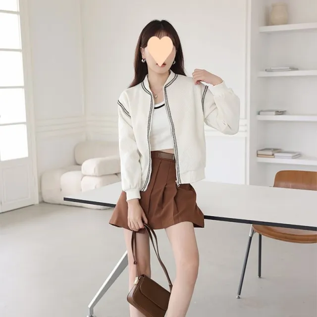 Korean Simple Round Neck Baseball Jacket Beige - Shop at LoveMi