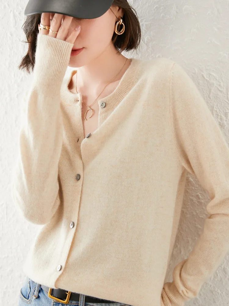 Knitted Pure Wool Round Neck Plain Sweater - Beige