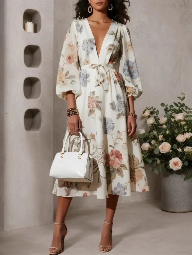 Fashionable Elegant Lantern Sleeve Dress For Women White - Shop at LoveMi