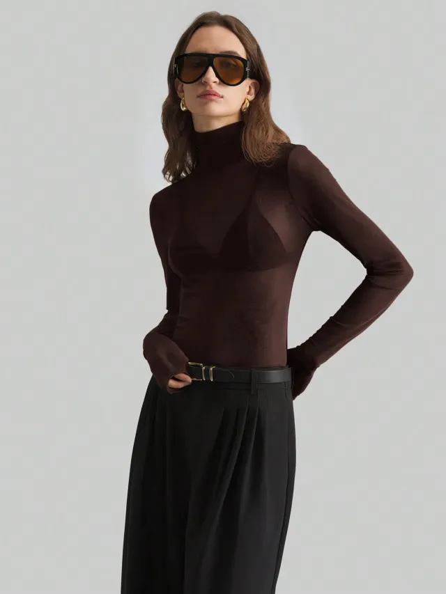 Pure Color Mesh Slim Fit Slimming Long Sleeves Temperament Commute Top Brown - Shop at LoveMi