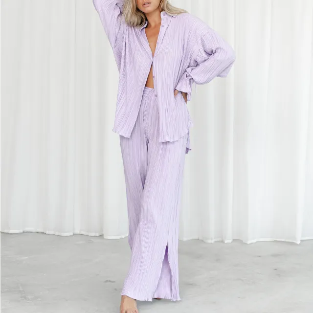 Pleated Shirt Long Sleeve Split Pajamas Two piece Set Purple - Shop at LoveMi