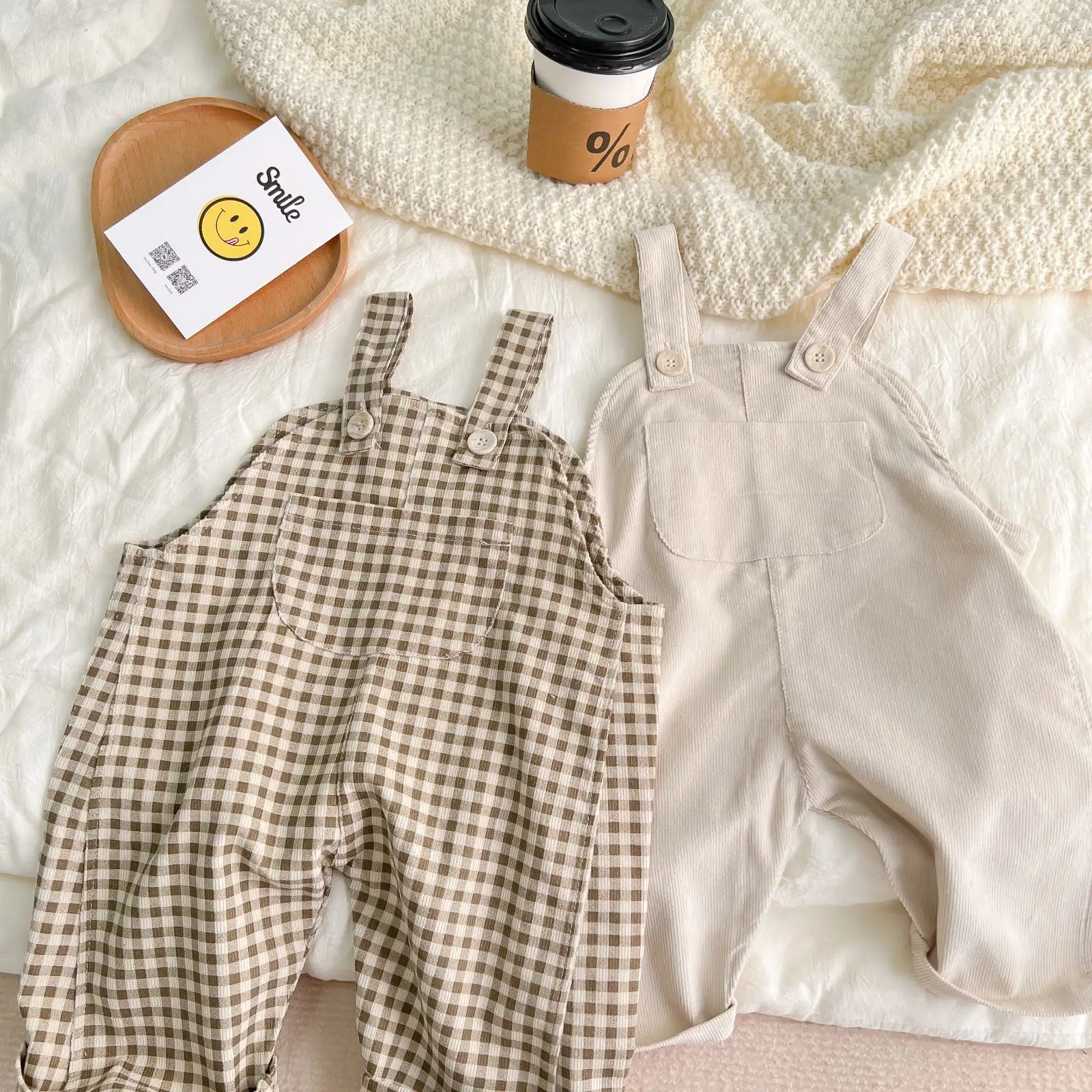 INS Pop Spring And Autumn Infant Simple Plaid Corduroy Overalls