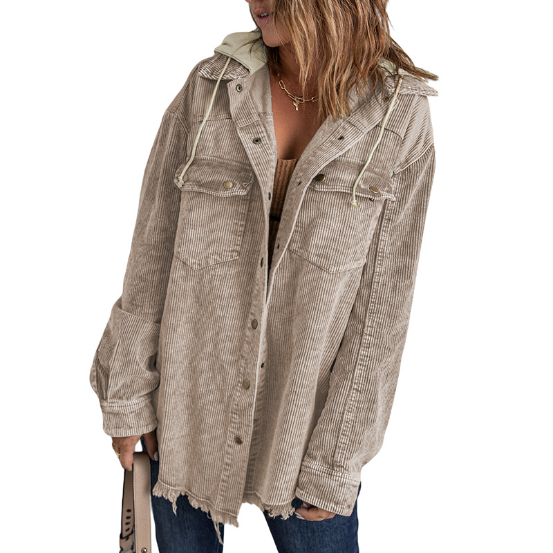 New Women's Loose Corduroy Cardigan Hooded Coat Lc8512025 Khaki - Shop at LoveMi