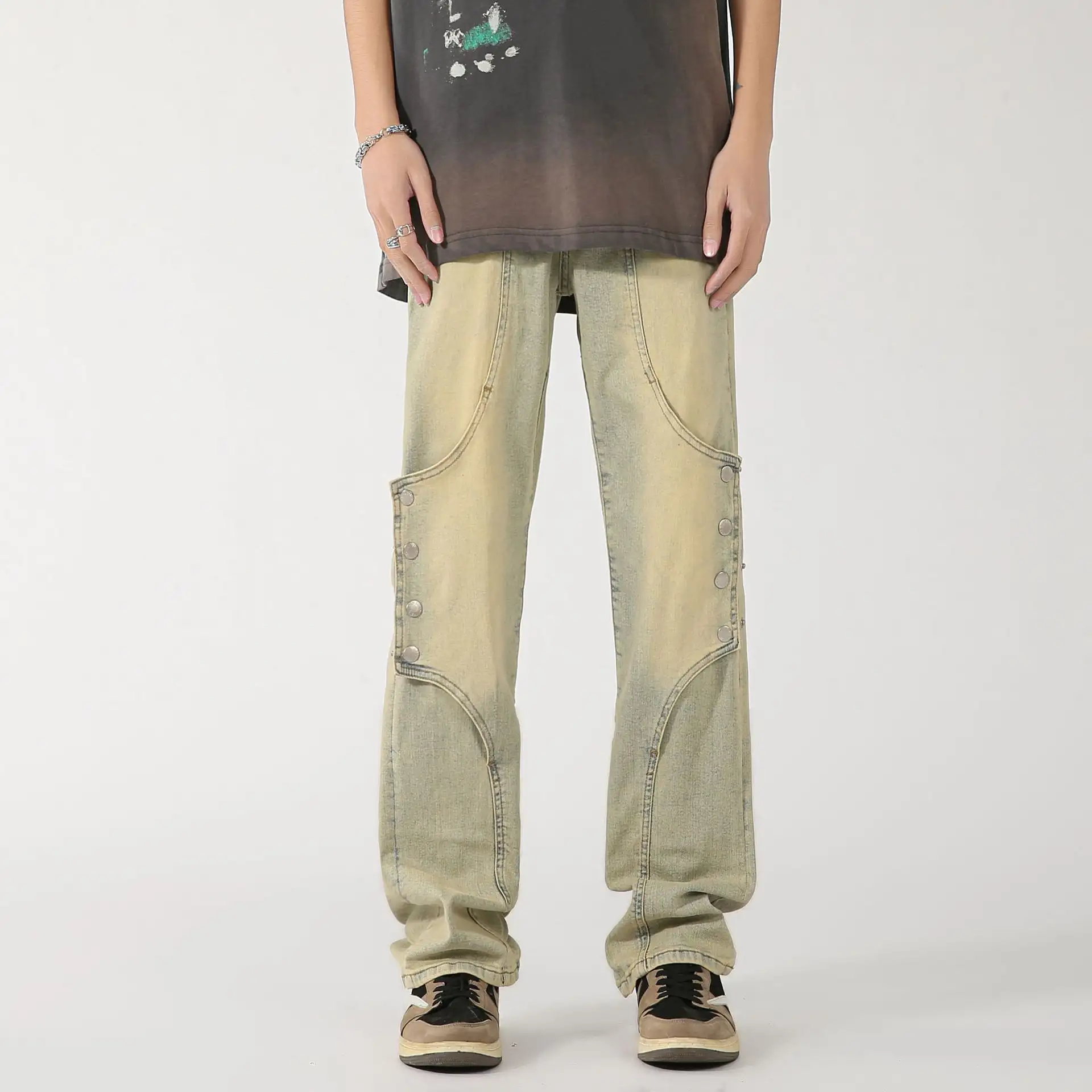 Dyed Breasted Stitching Jeans Men's High Street