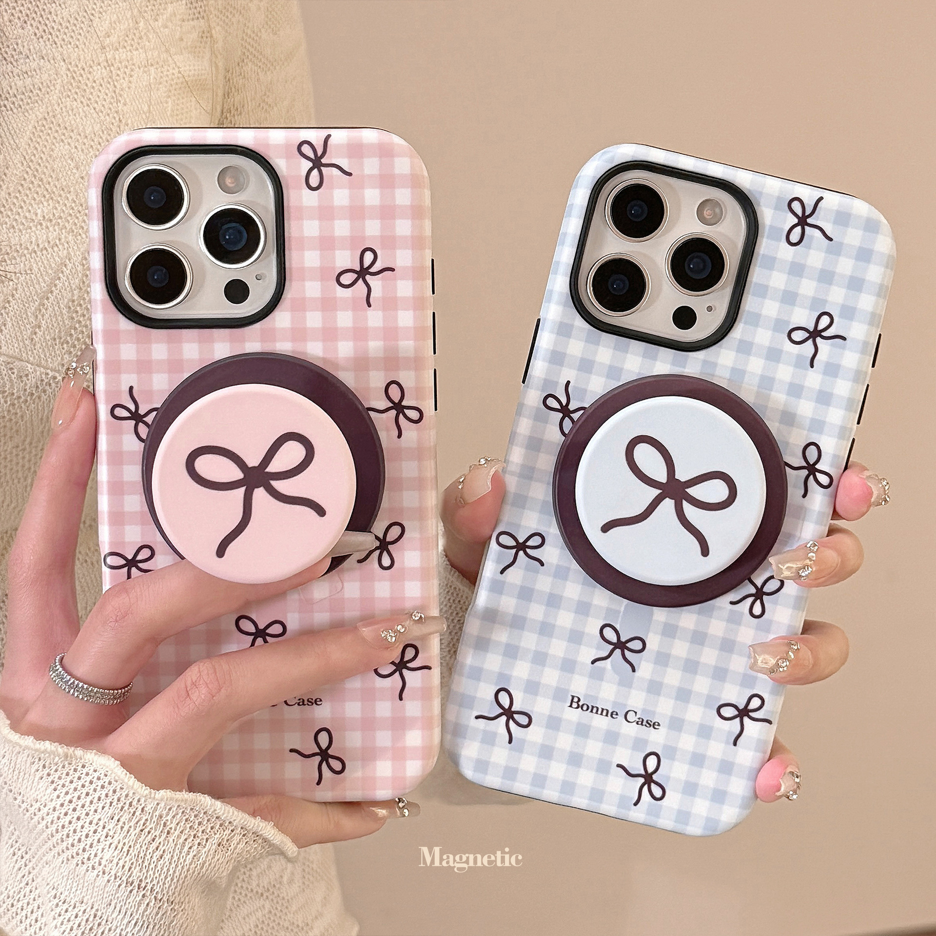 Plaid Bowknot Magnetic Stand Phone Case