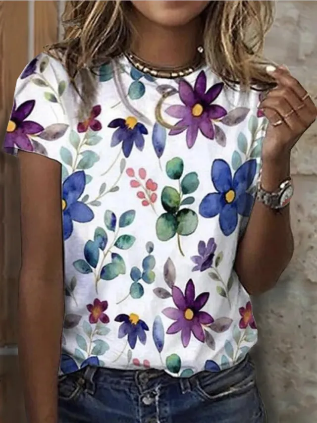 European And American Leisure Digital Printing Short Sleeve Large Size Top T shirt 7 Style S - Shop at LoveMi