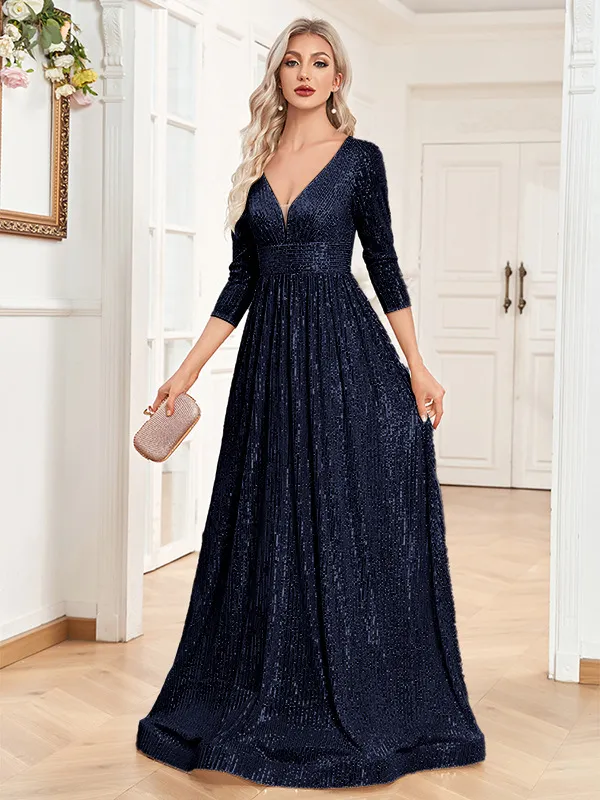 Sequined Fall V neck High Waist Party Formal Dress Dark Blue - Shop at LoveMi