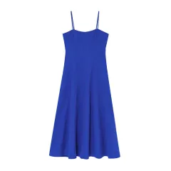European And American Fashion Minimalist Waist Trimming Spaghetti Straps Long Dress - Blue - View 1