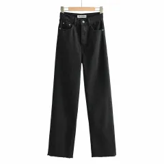 New Women's Raw Hem High Waist Denim Trousers - Black - View 1