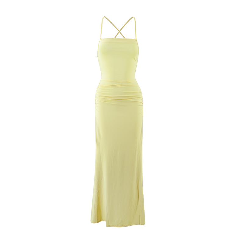Backless Cross Tie Low Waist Bodycon Maxi Dress Yellow - Shop at LoveMi