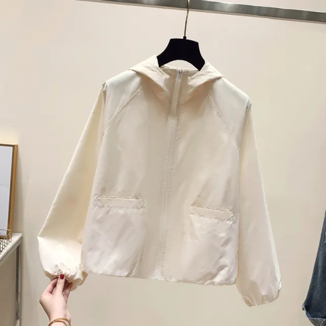 Hooded Short Sports Jacket Women's Casual Loose Solid Color Zipper Shell Jacket Apricot - Shop at LoveMi