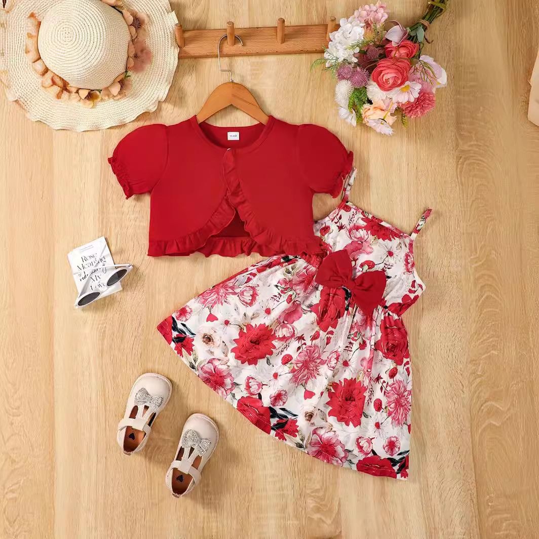 Sweet Little Girl's Floral Print Bowknot Suspender Dress Set