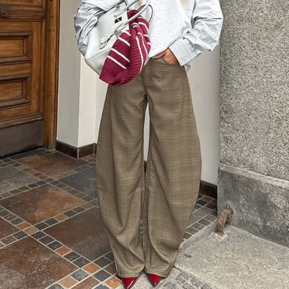 Casual High-waisted Plaid Kick-flare Pants
