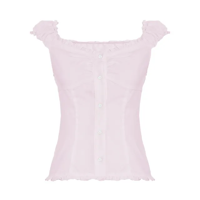 Sweet Slim Fit U shaped French Wooden Ear Lace collared Blouse Pink - Shop at LoveMi