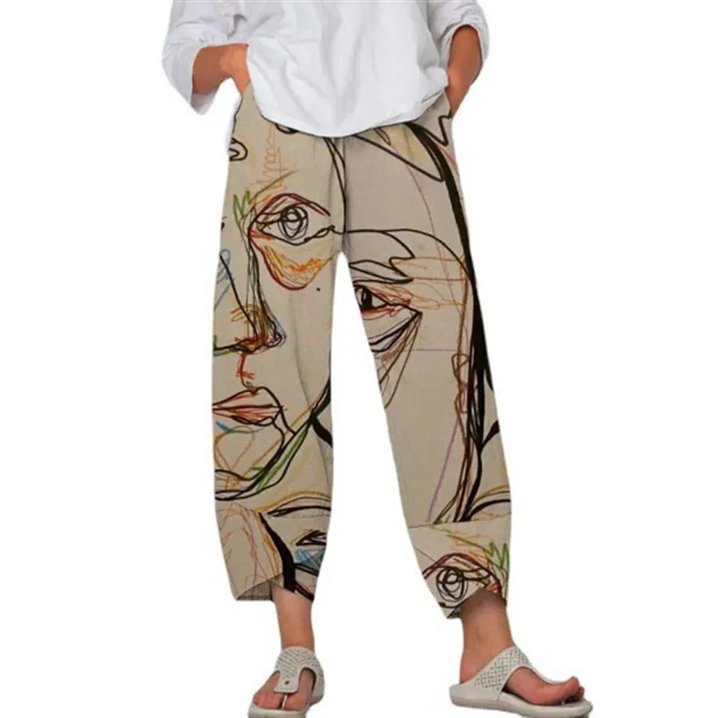 High Waist Gray Trousers Printed Stitching Loose Cropped Pants - Khaki