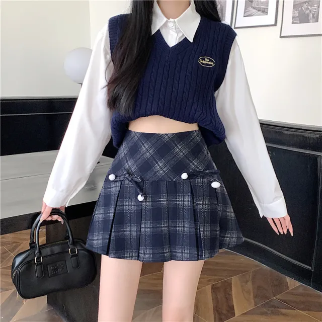Plaid Pleated Women's Autumn And Winter High Waist Umbrella Culottes Short Skirt Blue - Shop at LoveMi