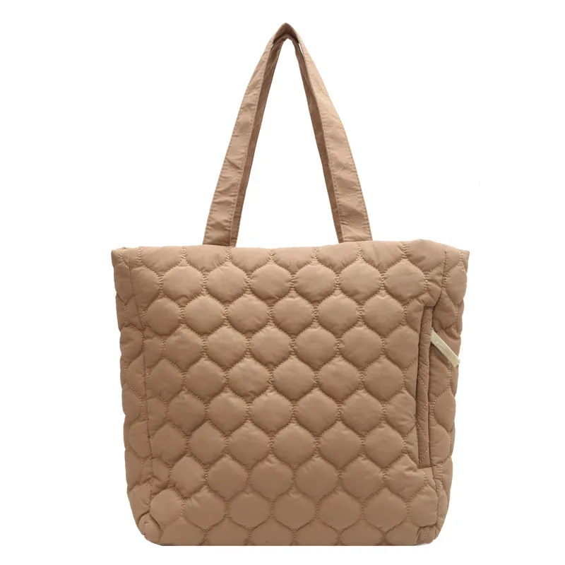 Rhombus Cotton-padded Coat Shoulder Tote Bag - Khaki