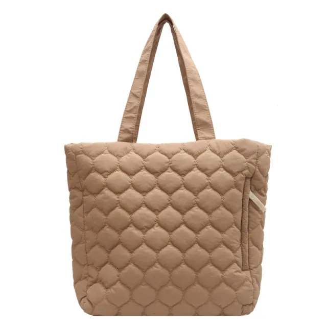 Rhombus Cotton padded Coat Shoulder Tote Bag Khaki - Shop at LoveMi