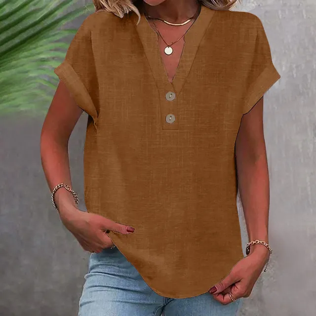 Stand Collar Button Short Sleeve Women's Shirt Brown - Shop at LoveMi