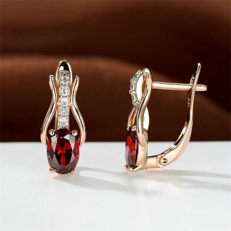 Oval Garnet Crystal Champagne Gold Ear Clips For Women
