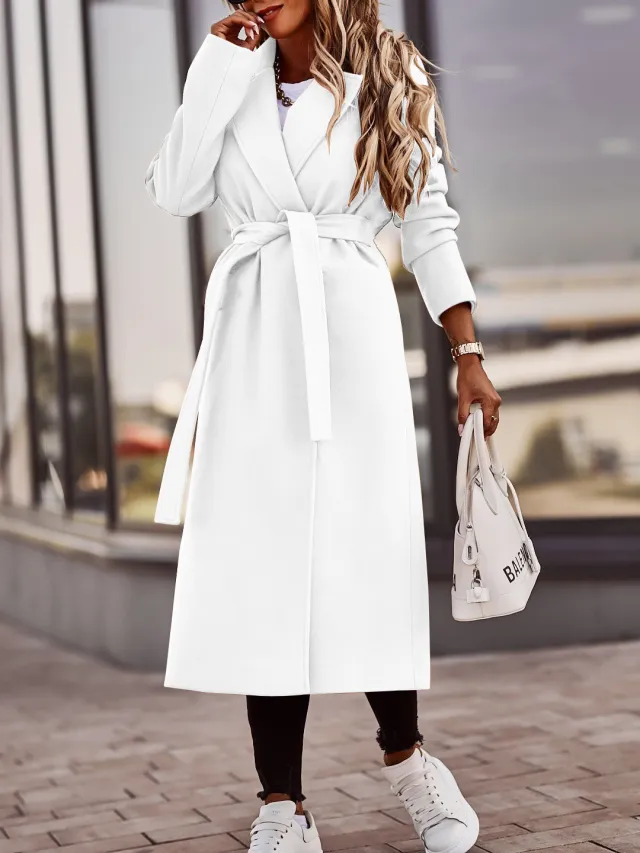 Autumn And Winter Simplicity Long Sleeve V neck Lace Up Woolen Coat Top Women White - Shop at LoveMi