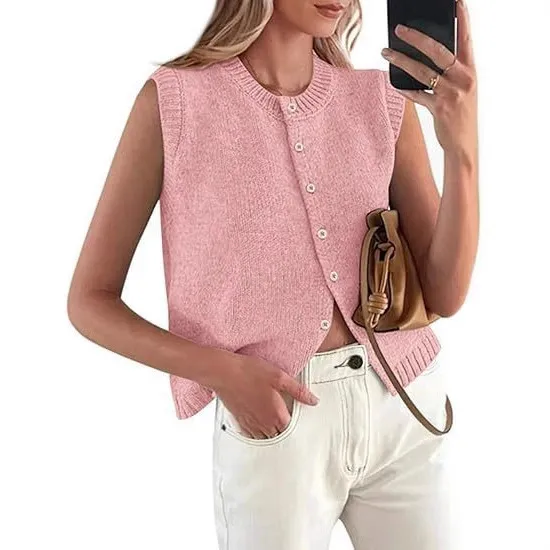 Single breasted Sleeveless Knitted Vest Pink - Shop at LoveMi