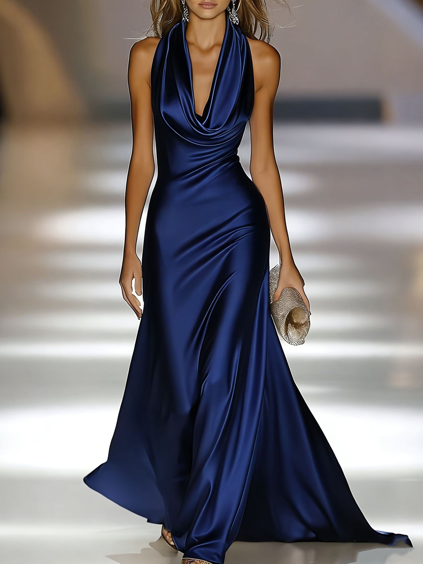 Neck-hanging Satin Evening Gown Maxi Dress Deep V-neck One-piece Dress