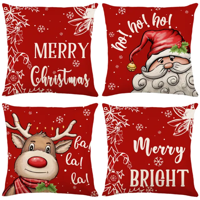 Christmas Elk Santa Claus Linen Cushion Cover 4Pcs Set - Shop at LoveMi