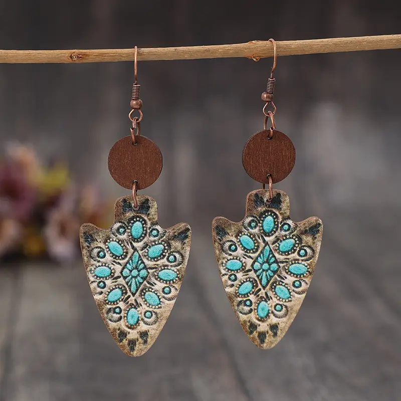 Vintage Leather Arrow Earrings Turquoise-inlaid Ear Ornaments